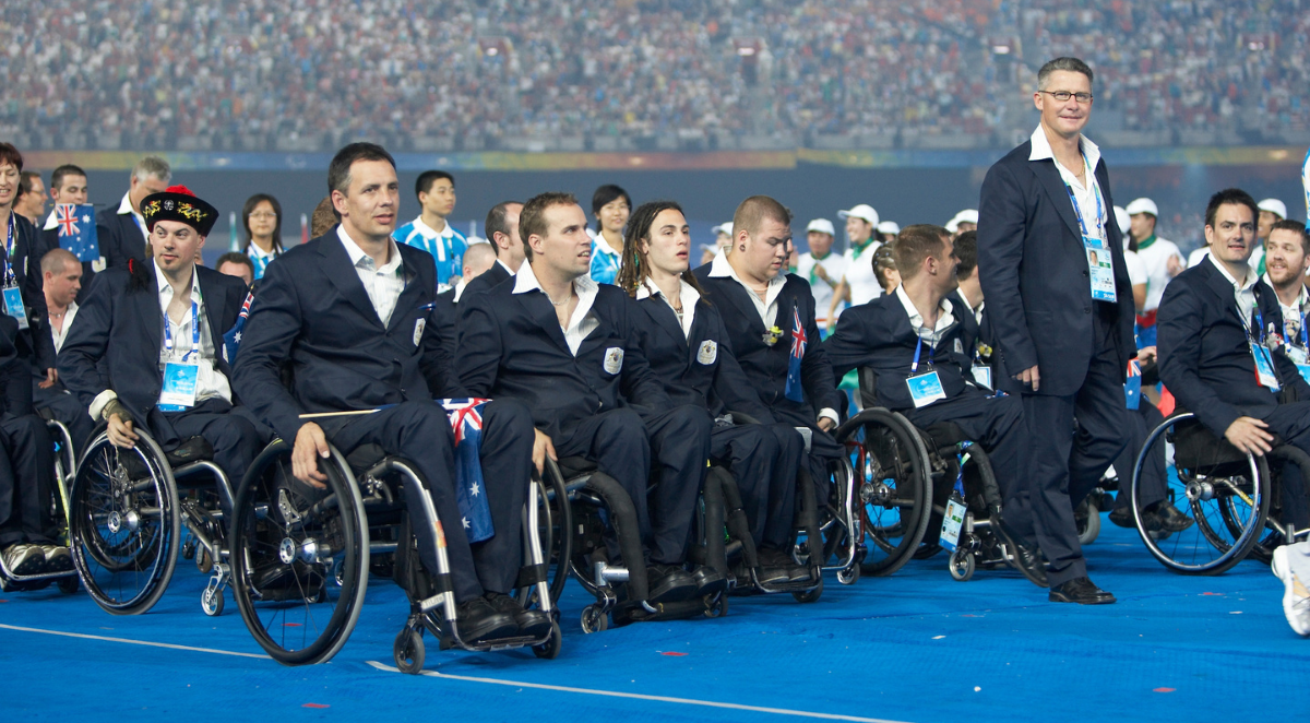 Darren Peters, Chef de Mission, leads the Paralympic team into the opening ceremony of the 2008 Beijing Paralympics