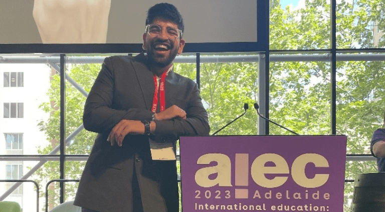 International student on stage