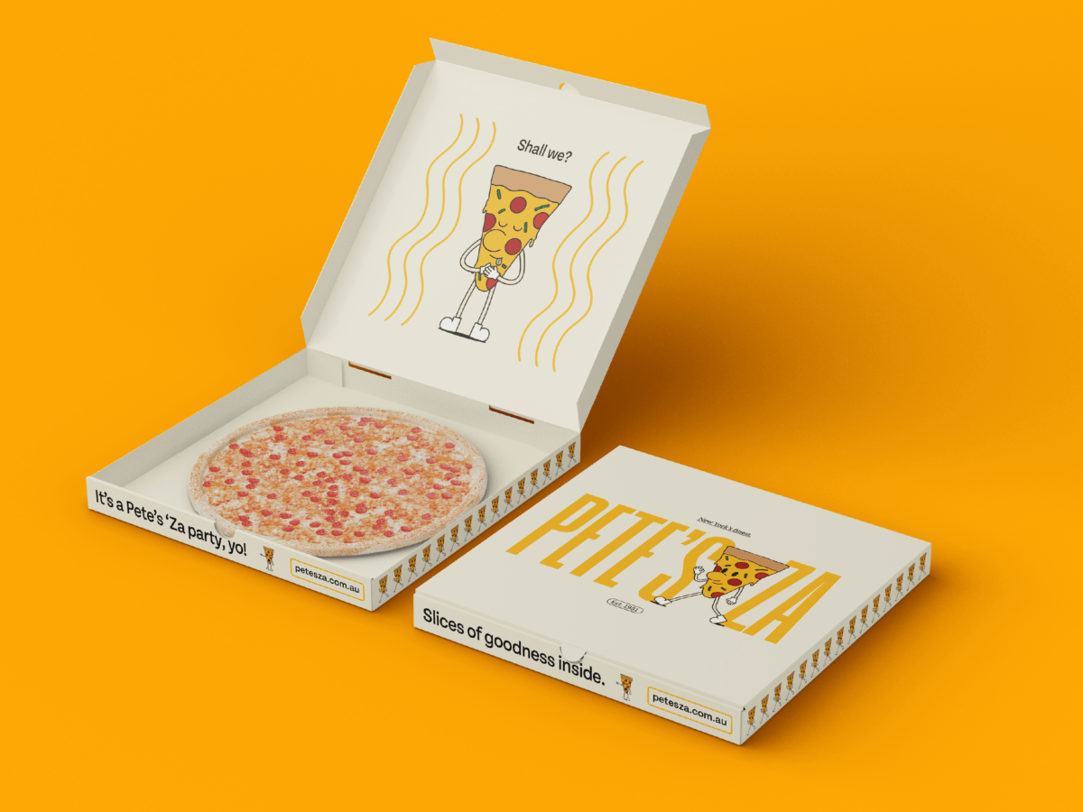 These elements were applied across pizza boxes and menus to create a memorable, friendly brand identity that reflects Pete's Za's New York origins.